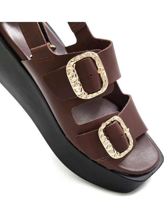 Leather Women's Flat Sandals Flatforms in Brown Color