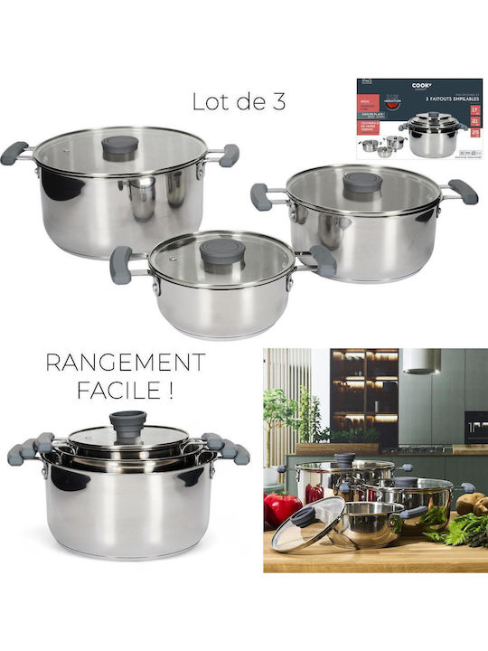 Cook Concept All-in-One X3 Easy Storage Pots Set from Stainless Steel Silver 3 Pieces