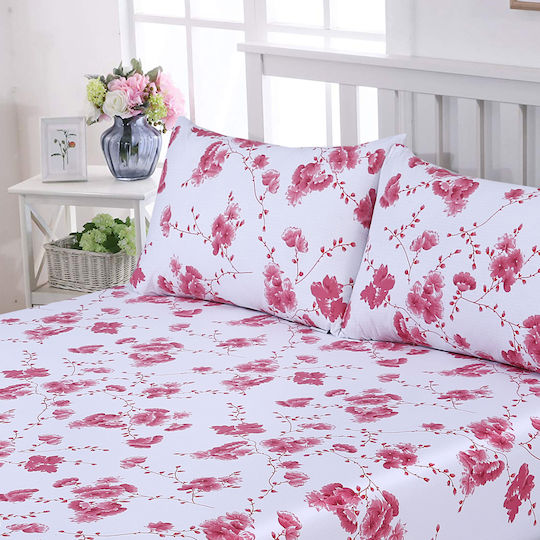 Casa Colori Cherry Blossom Σεντόνι Διπλό με Λάστιχο 140x200+30εκ. Ροζ