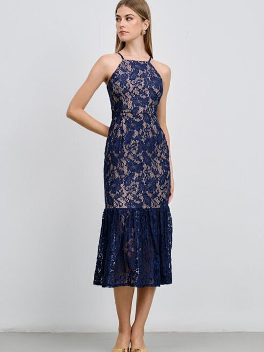 Summer Midi Dress for Wedding Christening with Lace Dark Blue