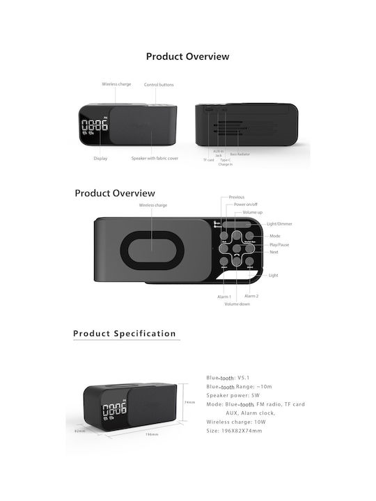 Ceas De Masă Digital Cu Ceas Deșteptător Radio Și Încărcare Wireless