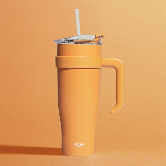 Cook Concept Handled Tumbler Θερμός Ανοξείδωτο / Πλαστικό 1.2lt Πορτοκαλί με Λαβή και Καλαμάκι