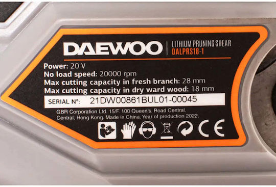 Daewoo Pruning Shears Battery Solo with Maximum Cutting Diameter 28mm