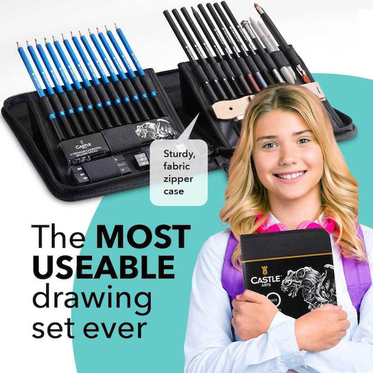 castle Art Supplies Drawing Set 40 Pieces Drawing & Sketching Instructions Coal Pencils Graphite Pencils Erasers Sharpeners Other Drawing Tools Art Accessories Zipper Case Artists Professionals & Beginners