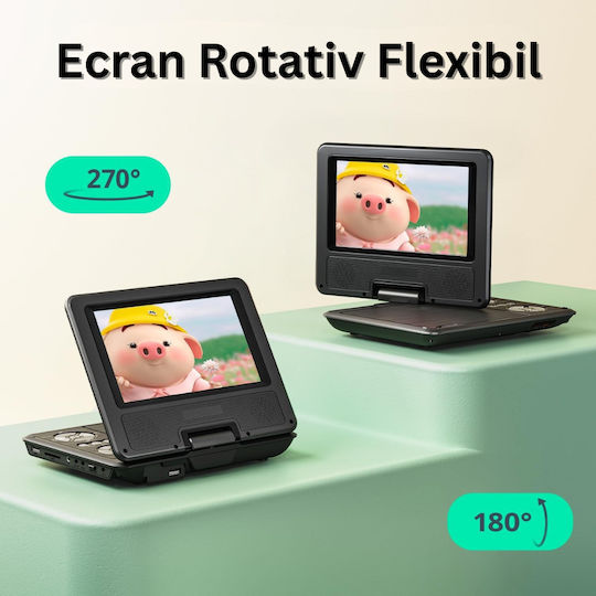 Player DVD Portabil Telecomandă Ecran HD 7,5 Inch 800x488 Rotativ 270° Memorie CD USB Card SD AV Jack 3,5mm Încărcător Auto Negru