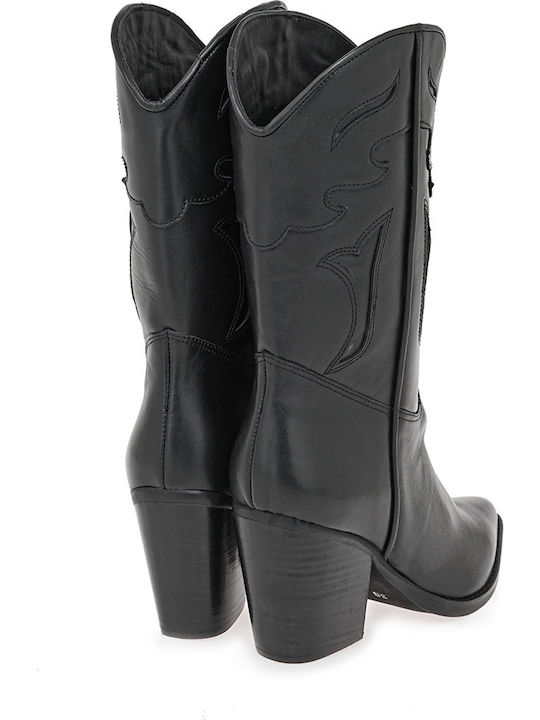 Leather High Heel Cowboy Boots Black