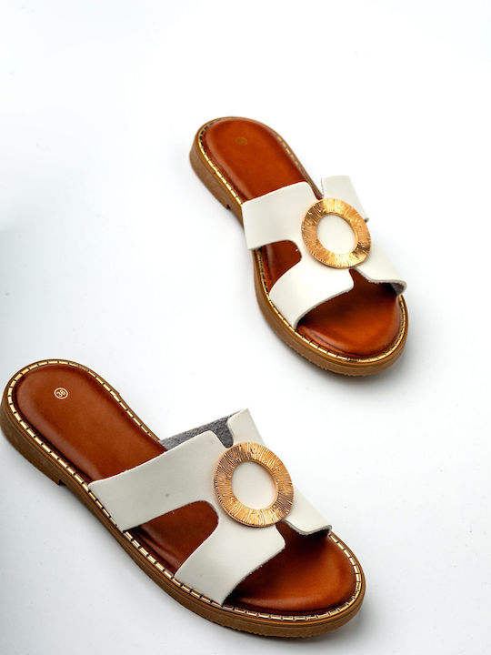 Leather Women's Flat Sandals in White Color