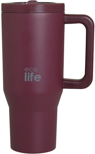 Ecolife Recyclable Handled Tumbler Thermos Stainless Steel BPA Free 900ml Lid Cranberry with Straw and Handle