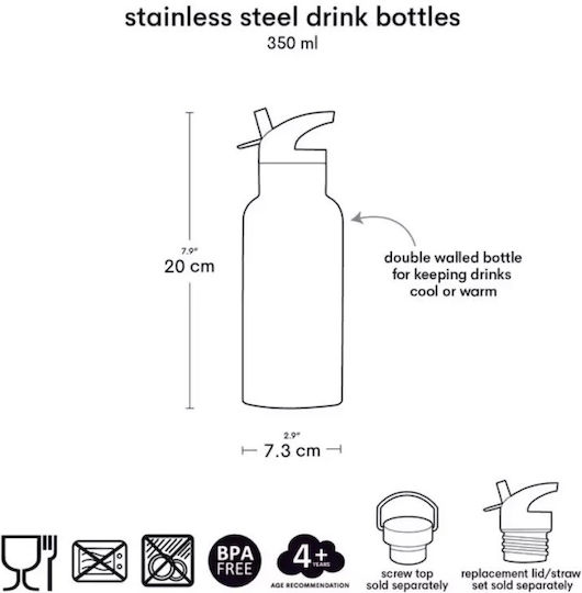 A Little Lovely Company Stainless Steel Kids Water Bottle Thermos with Straw Yellow 350ml