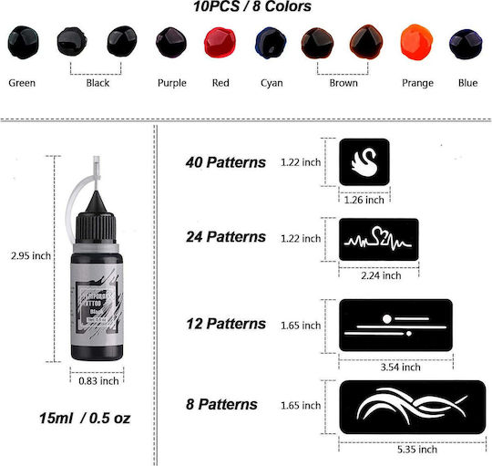 Temporary Tattoo Kit 10 Different 15ml Ink Bottles 84 Different Waterproof Easy-to-use Stencils