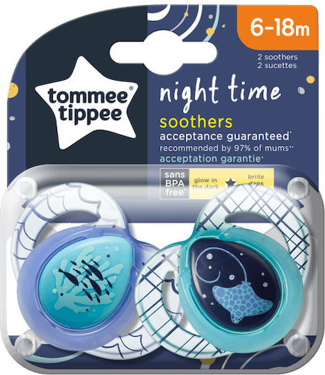 Tommee Tippee Time Night Orthodontic Pacifiers Silicone Night Sea - Blue-Light Blue for 6-18 months 2pcs