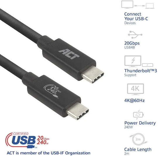 Act Cable USB-C USB-C 2 m USB4 20Gbps 240W USB-IF Certified