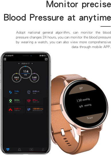 Brățară Fitness Smartwatch Futurefocus Idealstore Ecran LCD Tactil Rotund Complet de 1,3 inch Monitorizare Ritm Cardiac IP67 Tensiune Arterială Încărcare Wireless Funcție Multi-sport Compatibil Android iOS Maro