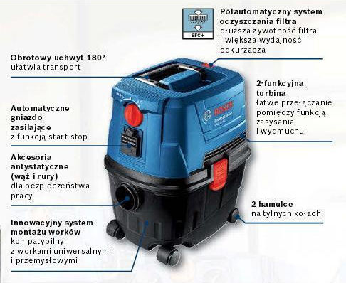 Bosch Gas 15 Professional Staubsauger Flüssigkeiten / Feststoffe 1100W mit Kunststoff Behälter 10Es
