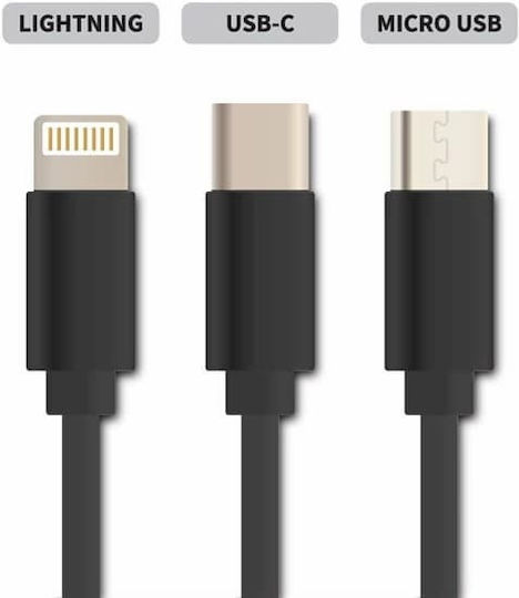 Geti Retractable USB to micro USB / Lightning / Type-C Cable 2A Μαύρο 1m (GCU 01)
