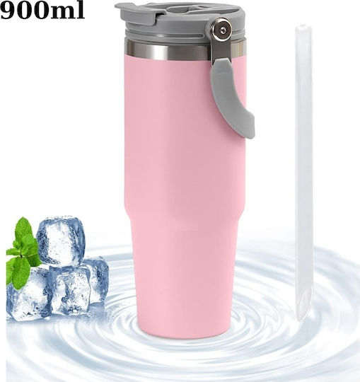 Uncle George Glass Thermos Stainless Steel / Aluminum BPA Free 900ml Mouthpiece Straw Pink with Mouthpiece and Straw