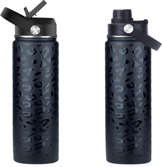 Cool'NMore Thermos Bottle Stainless Steel BPA Free 500ml Black With Handle Straw Loop And Mouthpiece