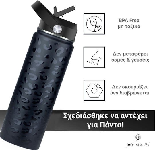 Cool'NMore Thermos Bottle Stainless Steel BPA Free 500ml Black With Handle Straw Loop And Mouthpiece