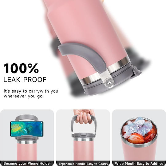 Uncle George Glass Thermos Stainless Steel / Aluminum BPA Free 900ml Mouthpiece Straw Pink with Mouthpiece and Straw