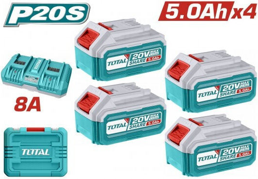 Total Set 4 Baterii Unelte Litiu 20V Capacitate 5Ah cu Încărcător