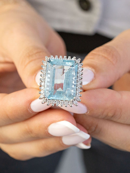 Kiriakos Gofas Single Stone Ring in White Gold 18K with Aquamarine and Diamonds