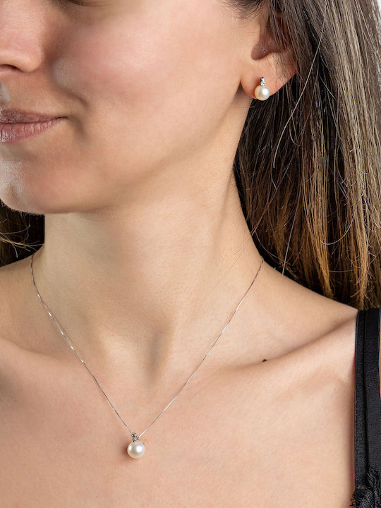 Kiriakos Gofas Set with Necklace & Earrings from White Gold 18K with Stones and Pearls