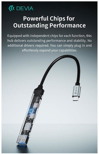 Devia USB-Hub 4 Anschlüsse USB 3.0 mit USB-C Verbindung Grau