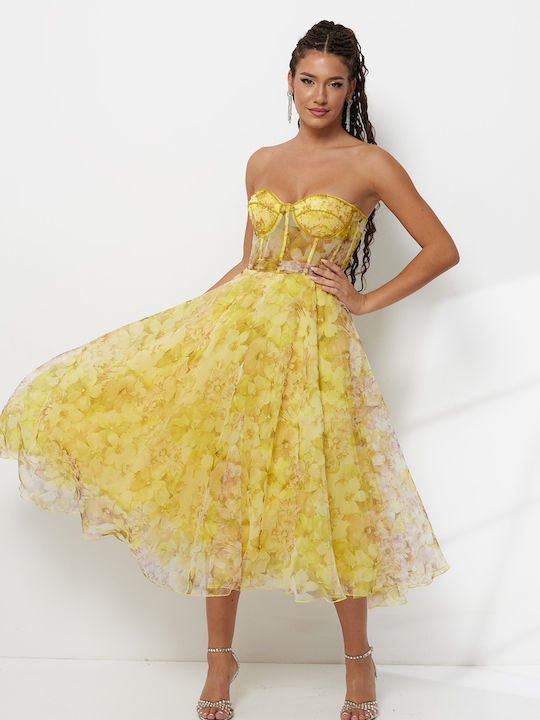Sommer Midi Damenkleid für Hochzeit - Taufe Trägerlos Gelbe