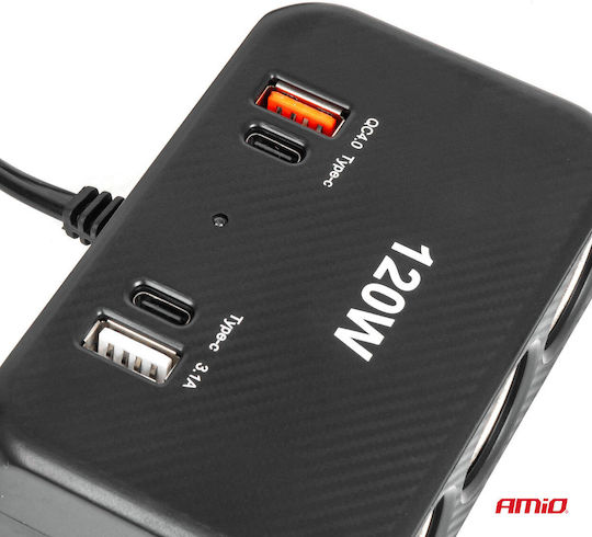 AMiO Φορτιστής Αυτοκινήτου 120W Γρήγορης Φόρτισης με Θύρες: 1xUSB 1xType-C 3xΑναπτήρα Μαύρο Χρώμα