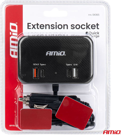 AMiO Car Charger 120W Fast Charging with Ports: 1xUSB 1xType-C 3xLighter with Cable Embedded Black Color