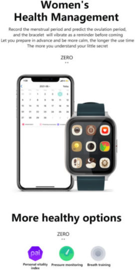 Zerofit Smartwatch Ultra Slim 1.7" Monitorizare Ritm Cardiac Tensiune Arterială 24/7 Notificări Apeluri Mesaje Multi-sport Durată Mare a Bateriei Rezistent la Apă Argintiu Verde