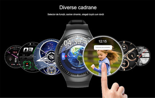 Smartwatch Idealstore Roundsims3 1.43 Inch Amoled Display Android 8.1 GPS Glonass Compass 4G Calling HD Speaker Microphone 1000 mAh Battery Nano SIM Heart Rate Monitor SpO2 Magnetic Charging Quad-Core Cortex Processor Black Silicone Strap