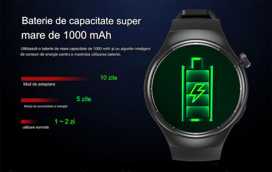 Smartwatch Idealstore Roundsims3 1.43 Inch Amoled Display Android 8.1 GPS Glonass Compass 4G Calling HD Speaker Microphone 1000 mAh Battery Nano SIM Heart Rate Monitor SpO2 Magnetic Charging Quad-Core Cortex Processor Black Silicone Strap