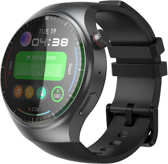 Smartwatch Idealstore Roundsims3 1.43 Inch Amoled Display Android 8.1 GPS Glonass Compass 4G Calling HD Speaker Microphone 1000 mAh Battery Nano SIM Heart Rate Monitor SpO2 Magnetic Charging Quad-Core Cortex Processor Black Silicone Strap