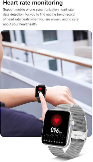 Smartwatch Idealstore Sportapple Echipat cu Difuzor Microfon Apeluri Telefonice Urmărire GPS Mod Multi-sport Senzor Ritm Cardiac Tensiune Arterială Nivel Oxigen Ecran Curbat Curea Metalică Argintie