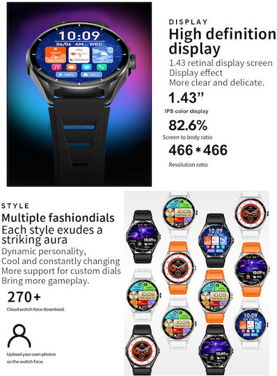 Delta Pro Smartwatch Idealstore 1.43" Amoled Touch Screen Android iOS Speaker Bluetooth Call Alarm Weather Voice Assistant Fitness Tracker Women's Function Heart Rate Monitor Blood Pressure Monitor SpO2 Oximeter Multi-Sport Black