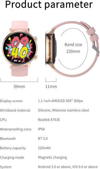 Live On Smartwatch Idealstore 1.1 Inch Hd Amoled Display Bluetooth Call Message Notifications Nfc Heart Rate Sleep Monitoring Voice Assistant Built-in Speaker Microphone Ip68 Alarm Android-ios Long Battery Pink Silicon Edition