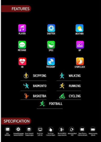 Brățară Fitness Smartwatch Ecran Complet 68 Brățară Metalică Magnetică Monitorizare Ritm Cardiac Monitorizare Somn Tensiune Arterială Apeluri Notificări Facebook Sms Rezistent la Apă Ip67 Ecran Tactil Complet 1.23 Negru