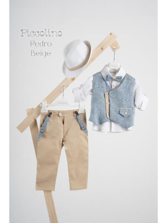 Piccolino Baptism Suit With Vest For Boy Linen Pedro Beige 6 Pieces