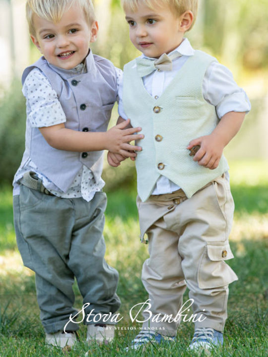 Stova Bambini Costum de Botez cu Vestă pentru Băiat Kaki 6buc