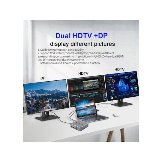 Conceptronic DONN25G 15-in-1 USB-C Docking Station with HDMI/DisplayPort 4K PD Ethernet and Support for 3 Monitors Silver