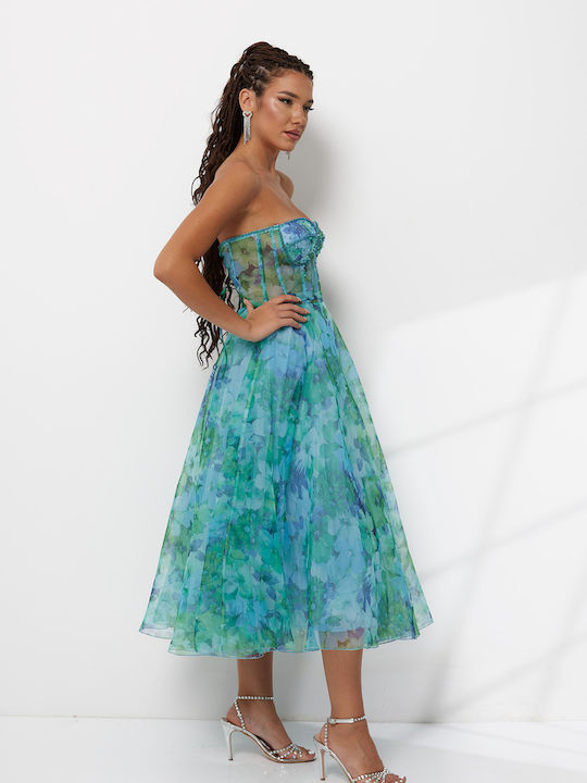 Summer Midi Dress for Wedding Christening Strapless Light Blue