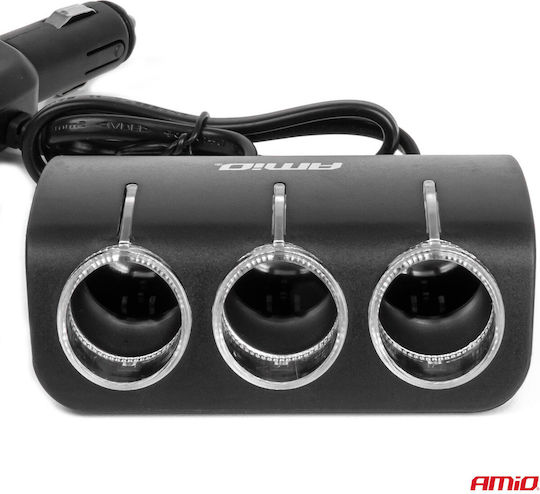 AMiO Car Charger 120W with Ports: 1xUSB 4xLighter with Cable Embedded Black Color
