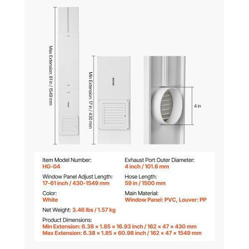 Vevor Dryer Vent Window Kit Fits 101.6 Mm Hose Adjustable Sliding Windows