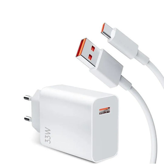 Xiaomi Φορτιστής με Θύρα USB-A και Καλώδιο USB-C 33W Quick Charge 3.0 Λευκός (MDY-11-EZ Bulk)