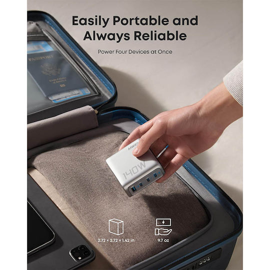 Anker Φορτιστής με Θύρα USB-A και 3 Θύρες USB-C και Καλώδιο USB-C - USB-C 140W Power Delivery Γκρι (Zolo)