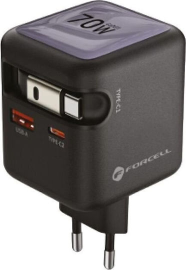 Forcell Φορτιστής Χωρίς Καλώδιο GaN με Θύρα USB-A και Θύρα USB-C 70W Power Delivery / Quick Charge 4.0 Γκρι (F-Energy VT-R7)