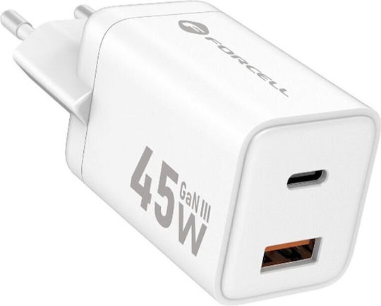 Forcell Φορτιστής Χωρίς Καλώδιο GaN με Θύρα USB-A και Θύρα USB-C 45W Power Delivery / Quick Charge 4.0 Λευκός (F-Energy Mini VT-36)