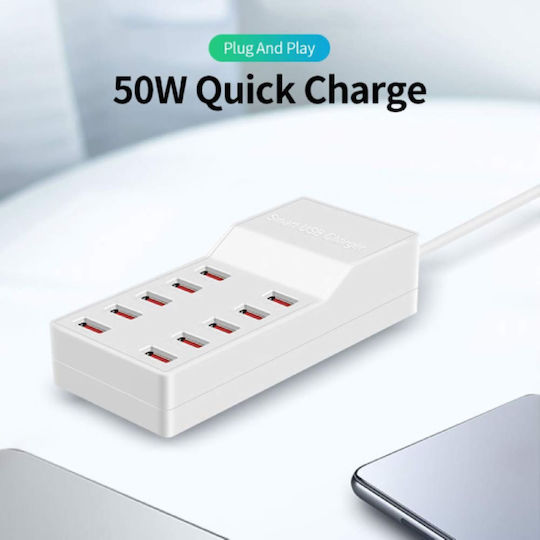 Suport de Încărcare cu 10 Porturi USB-A 50W în culoarea Alb (A-017)