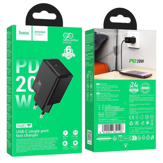 Hoco Ladegerät ohne Kabel mit USB-C Anschluss 20W Stromlieferung Schwarzs (N68 Nuevo)